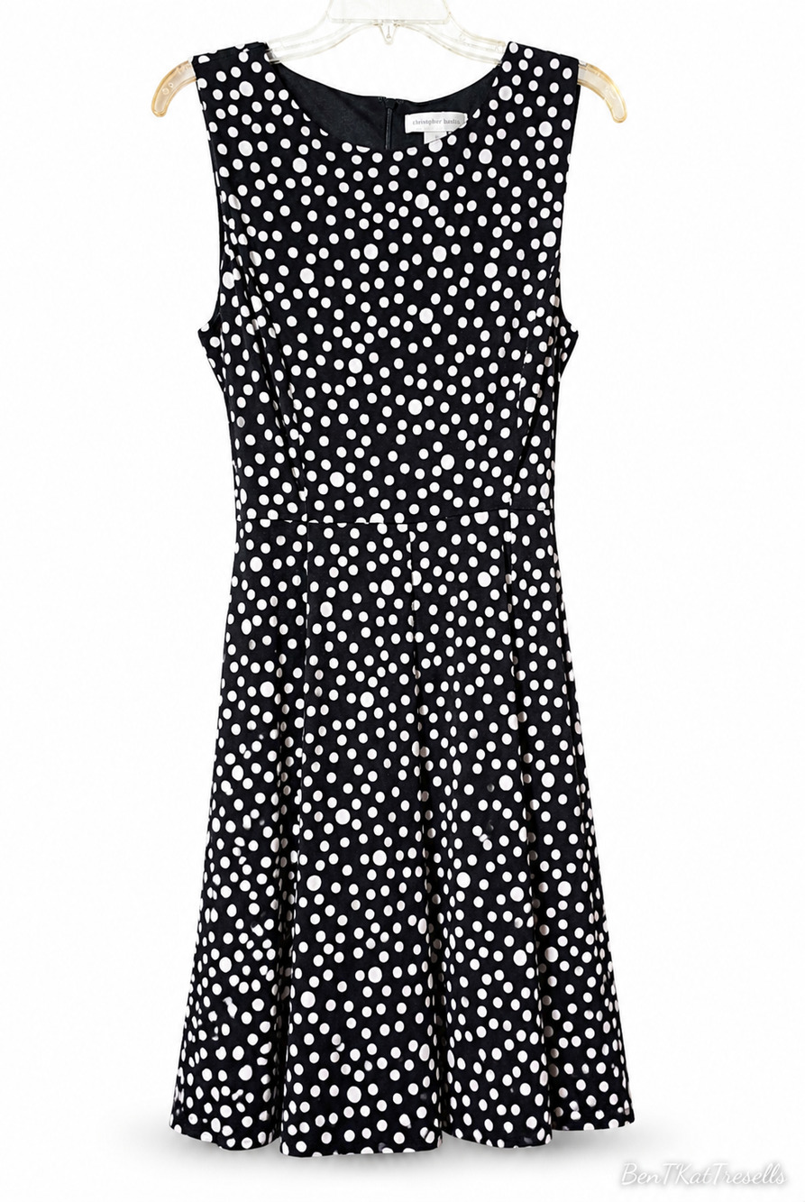 Christopher & Banks Polka Dot Midi Dress Sz 12 Black White Retro Chic Careerwear